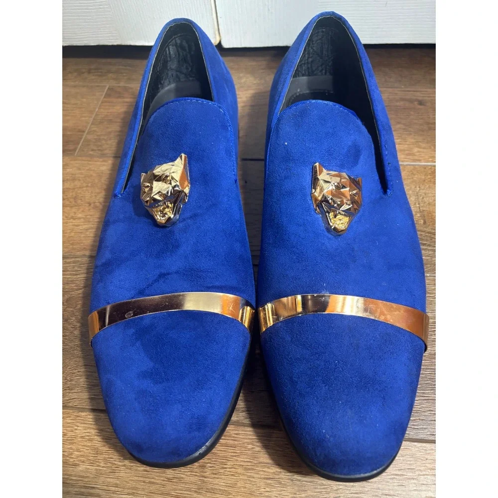 Amali Mens Royal Blue Suede‎ Loafer Shoes Gold Lion Head Buckle Dress Size 12